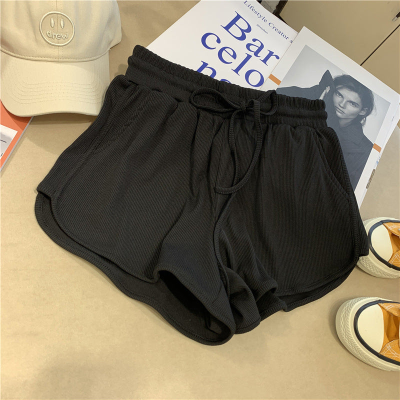 Damen Ripp- Hochsitze Lounge-Shorts mit Kordelzug Heidi-Mode