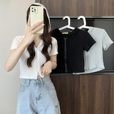 Femme Kurzarm Reißverschluss Hoodie mit geripptem Textur Heidi-Mode