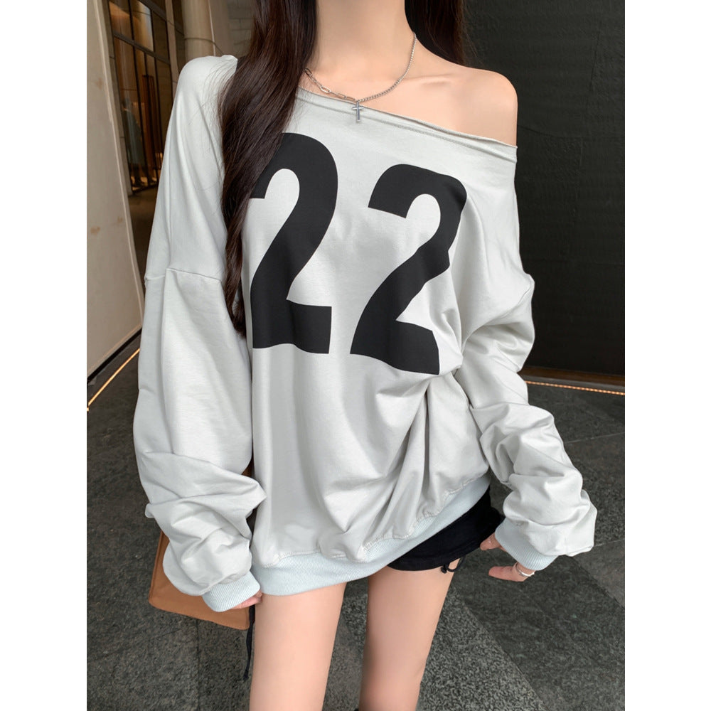 Damen Off-Shoulder Übergröße Sweatshirt mit fettem Grafikdruck Heidi-Mode