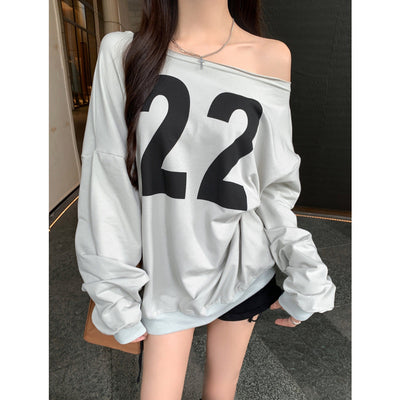 Damen Off-Shoulder Übergröße Sweatshirt mit fettem Grafikdruck Heidi-Mode