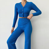 Damen Enganliegendes Crop Top Und High Waist Hosen Set – Zweiteiler Mit Knöpfen in Blau