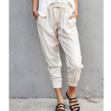 Damen nan lässige tapered Leinenhose mit elastischem Bund und Bündchen Drune in Weiß