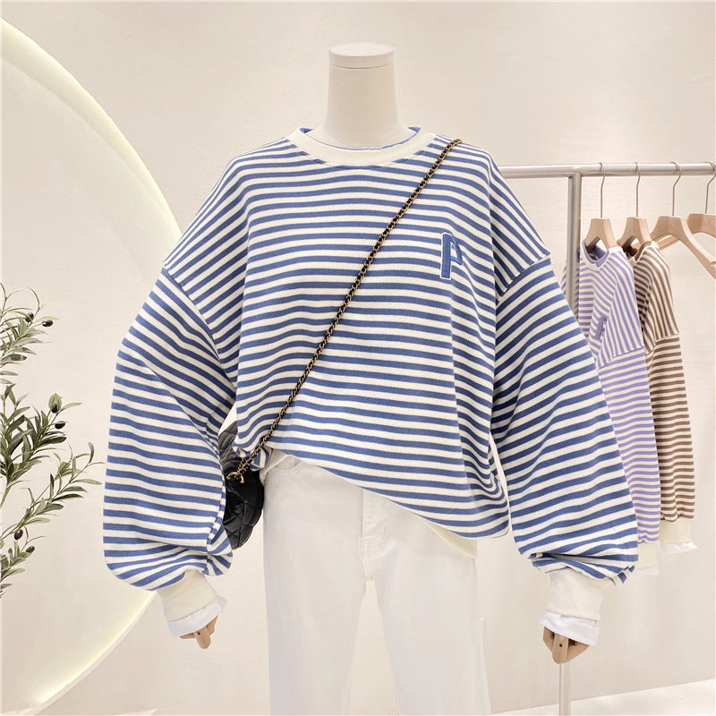 Damen Übergrößen Gestreifter Pullover Sweatshirt mit Statement-Bündchen Heidi-Mode