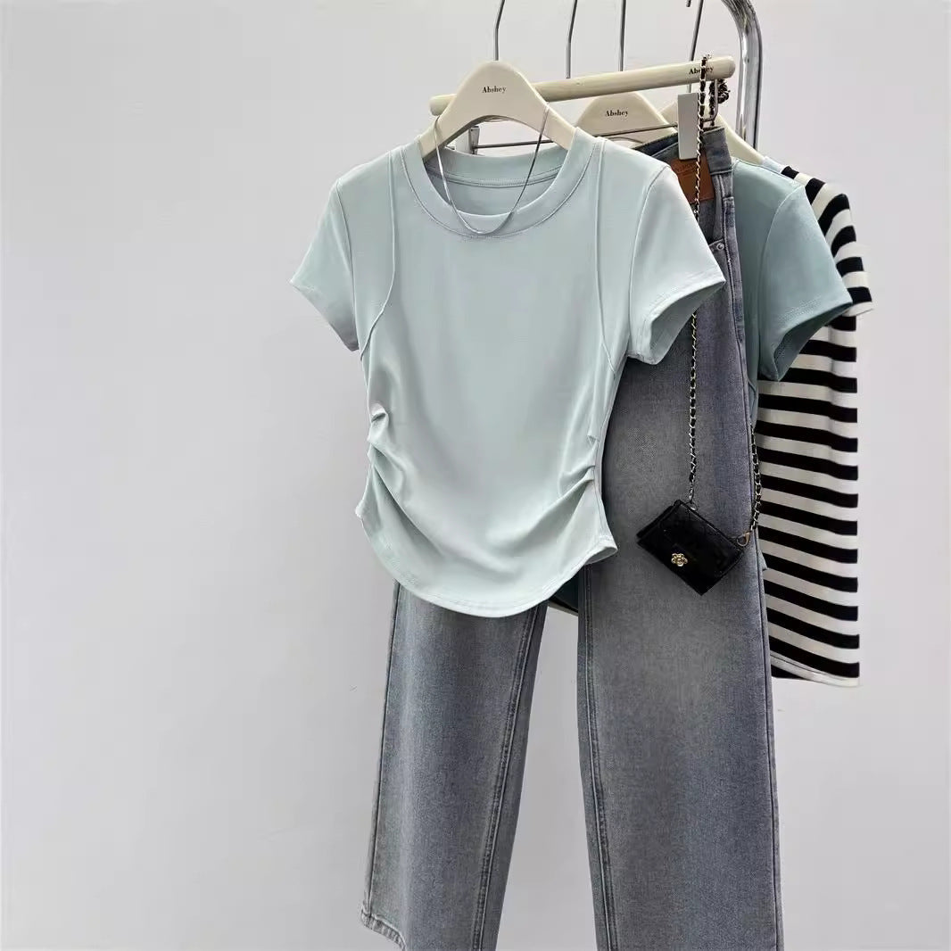 Femme Kurzarm Raffung Detail Top Heidi-Mode