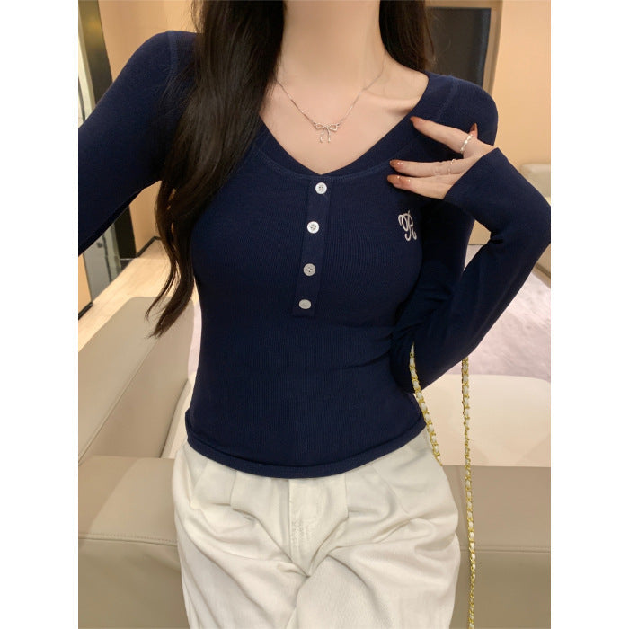 Damen Langarm Ripp-Henley-Oberteil mit stilvollen Knopfdetails Heidi-Mode