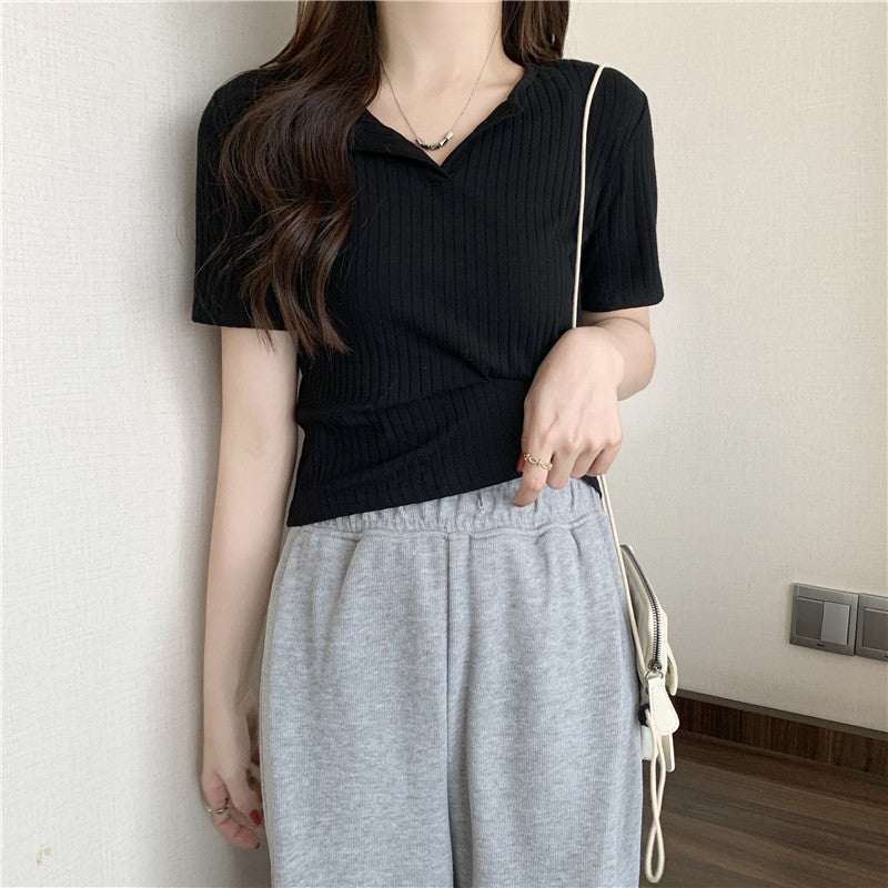 Femme Ripp Kurzarm Knopf-Oberteil Heidi-Mode