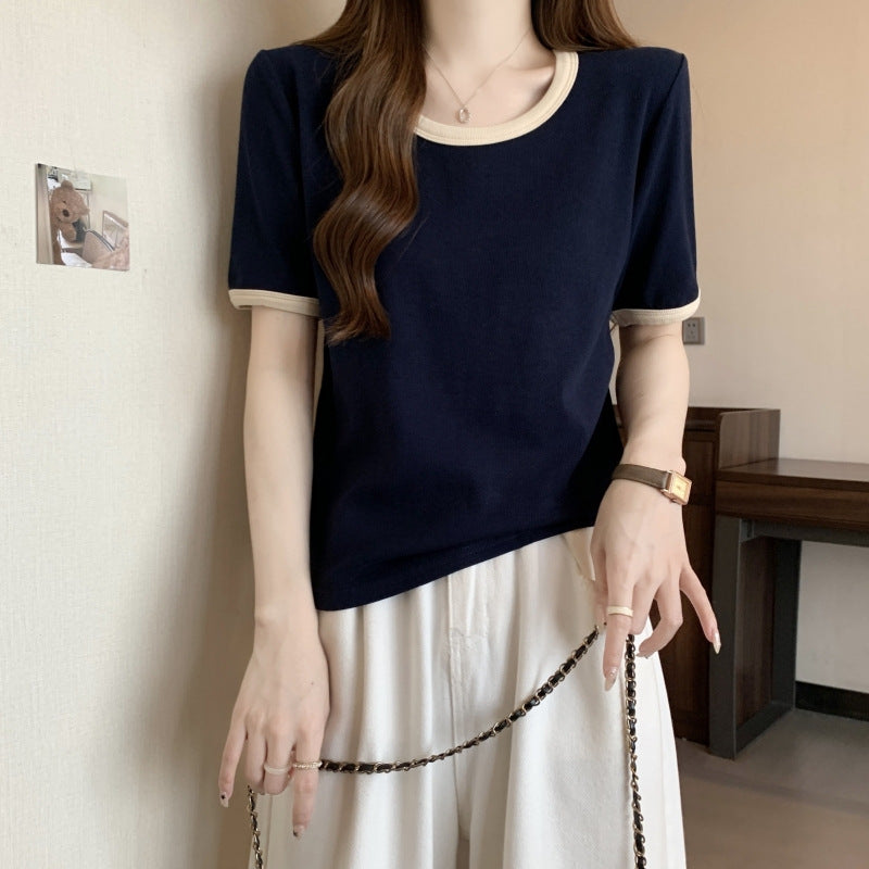 Damen Kurzarm T-Shirt mit Kontrastbesatz Heidi-Mode