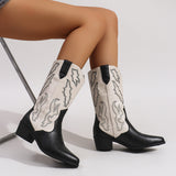 Damen nan Cowboystiefel im Westernstil mit mittelhohem Blockabsatz spitzer Zehenkappe und dekorativer Stickerei Drune in Schwarz