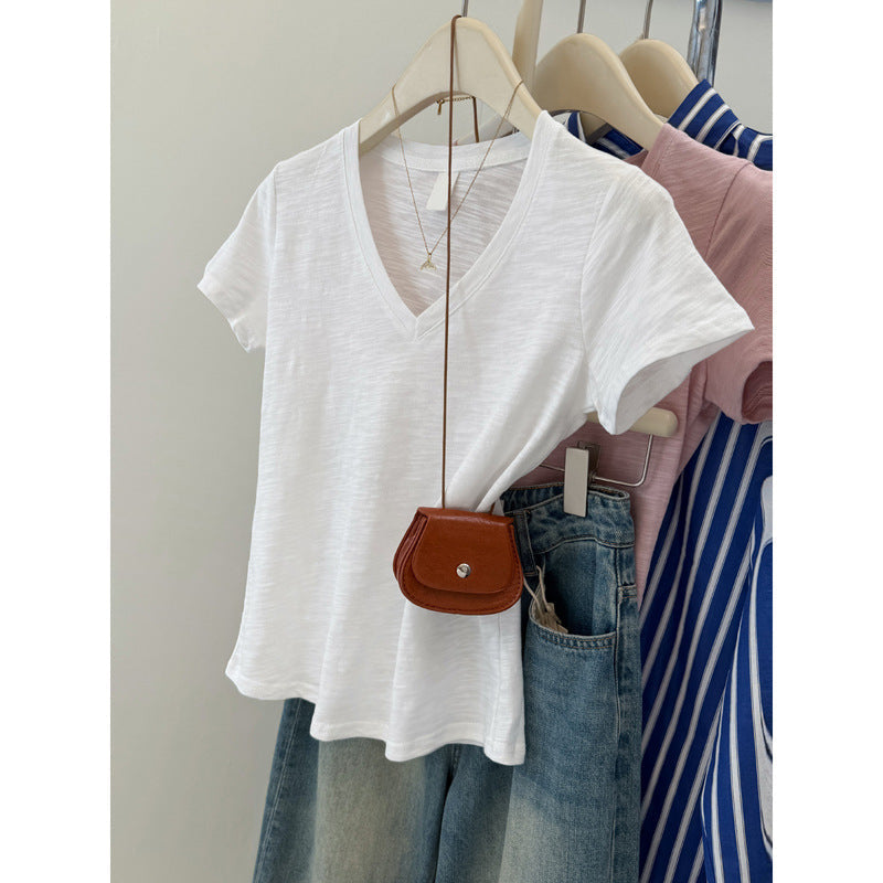 Damen Relaxed V-Ausschnitt Slub T-Shirt Heidi-Mode