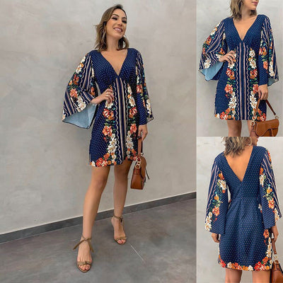 Rosmarin - Dyb V-Ausschnitt bedrucktes Minikleid