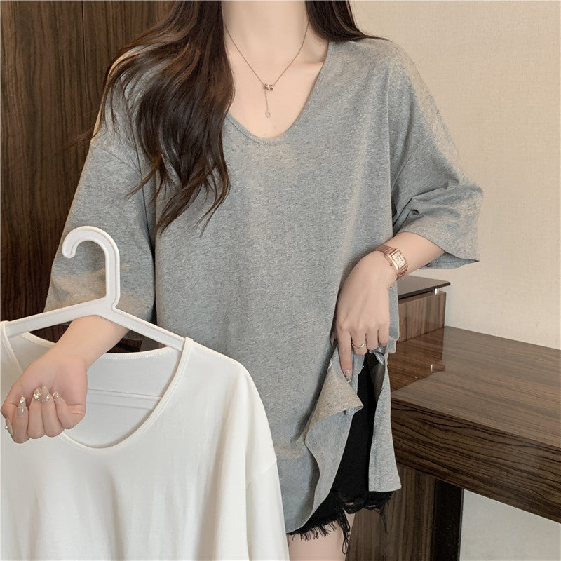 Femme Übergrößen V-Ausschnitt Baumwoll-T-Shirt Heidi-Mode