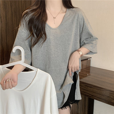 Femme Übergrößen V-Ausschnitt Baumwoll-T-Shirt Heidi-Mode