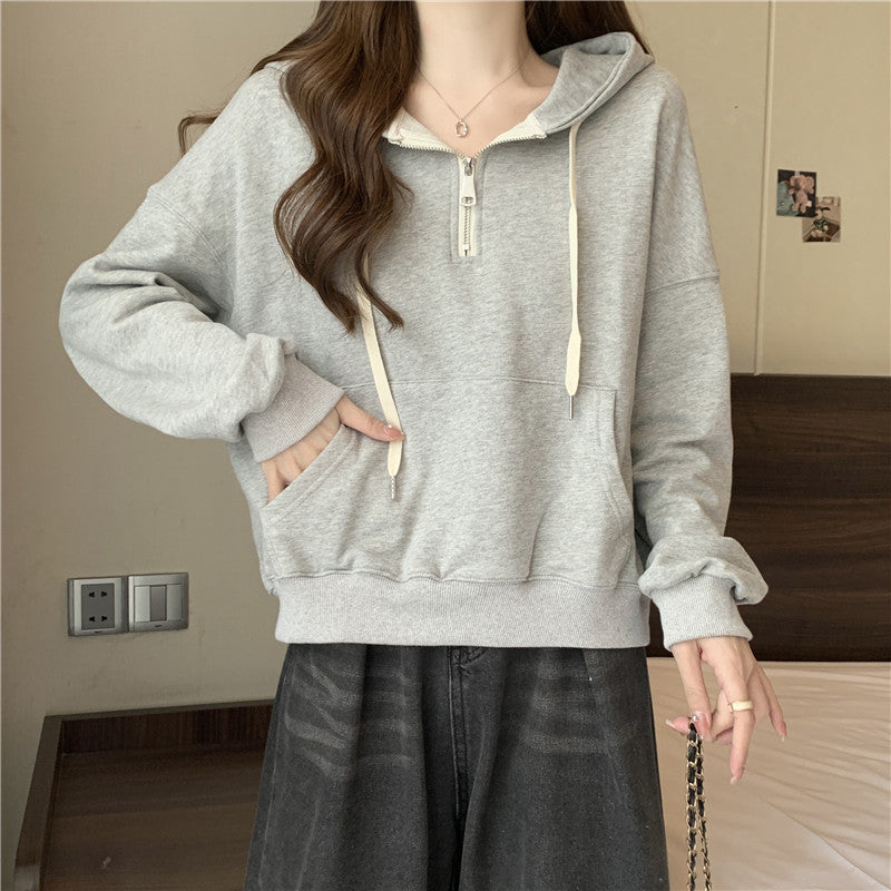 Femme Relaxed Fit Halb-Reißverschluss Pullover Hoodie Heidi-Mode