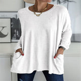 Damen nan oversized Longsleeve-Tunika mit Rundhalsausschnitt, überschnittener Schulter und aufgesetzten Taschen Drune in Weiß