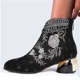 Damen nan bestickte Ankle-Boots mit Samteinsatz Perlenbesatz und skulptiertem Blockabsatz Drune in Schwarz