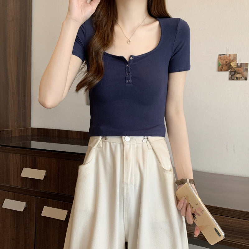 Femme Kurzarm-Henley-T-Shirt mit Knopfdetails Heidi-Mode