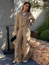 Damen Leinen Hemd Und Hosen Set – Lockeres Sommer Outfit in Khaki