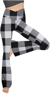 Damen nan taillenhohe Yogahose mit überkreuztem Bund und ausgestelltem Saum mit Schlitz Drune in Großkariertes Schwarz