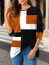 Damen nan geometrisches Colorblock Longsleeve-Tunika-Oberteil mit Rundhalsausschnitt und asymmetrischem Saum Drune in Orange