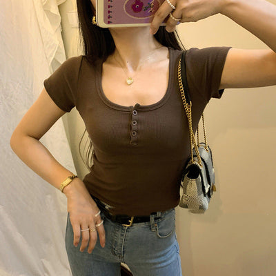 Femme Kurzarm Ripp-Henley-Oberteil Heidi-Mode