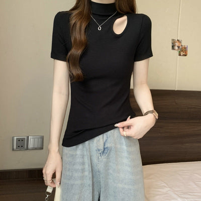 Femme Kurzarm Cut-Out Stehkragen Top Heidi-Mode