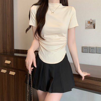 Femme Kurzarm-Mock-Neck-T-Shirt mit gerafften Details Heidi-Mode