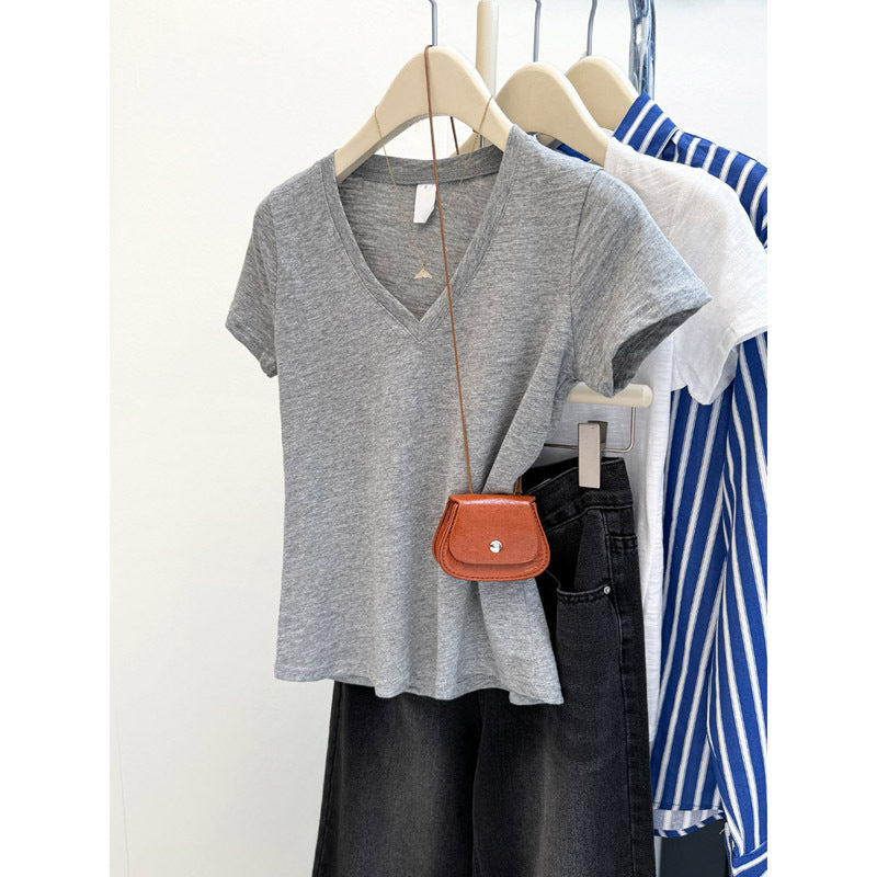 Damen Relaxed V-Ausschnitt Slub T-Shirt Heidi-Mode