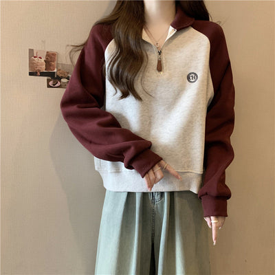 Femme Halber Reißverschluss Pullover Sweatshirt mit Farbkontrastärmeln Heidi-Mode