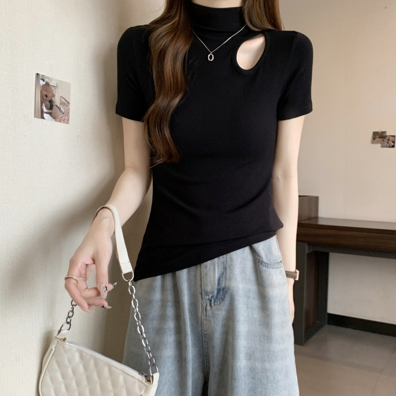 Femme Kurzarm Cut-Out Stehkragen Top Heidi-Mode
