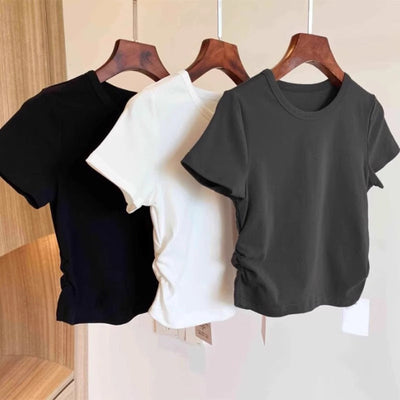 Damen Kurzarm Raffung Seite T-Shirt Heidi-Mode