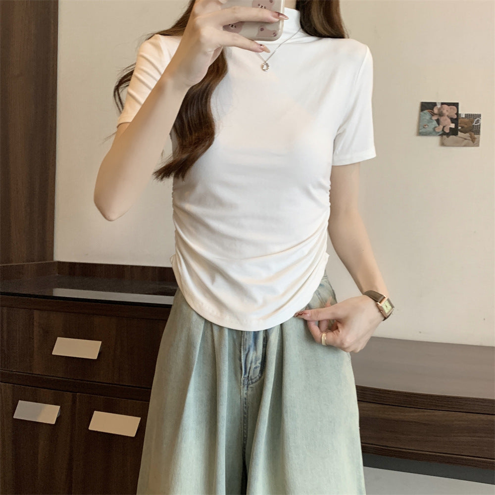 Femme Kurzarm-Mock-Neck-T-Shirt mit gerafften Details Heidi-Mode