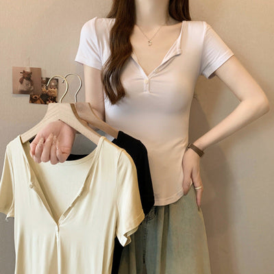 Damen Kurzarm-Polo-Top mit stylischem Knopfverschluss Heidi-Mode