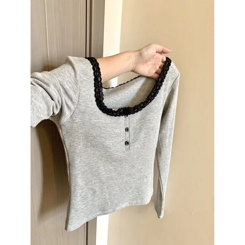 Femme Langarm-Spitzenbesetztes Ripp-Top Heidi-Mode