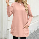 Damen nan legeres Fleece-Tunika-Kleid mit Rundhalsausschnitt und aufgesetzten Taschen Drune in Pink