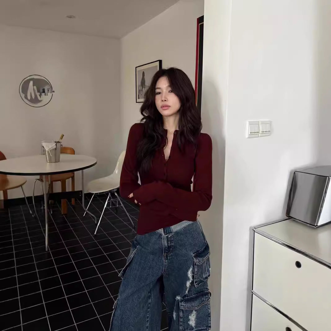 Damen Langarm Button-Up Henley Top mit Daumenlöchern und Hochbund-Sweatpants Heidi-Mode