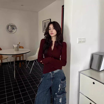 Damen Langarm Button-Up Henley Top mit Daumenlöchern und Hochbund-Sweatpants Heidi-Mode