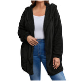 Damen nan kuschelige Teddy-Fleece Kapuzenjacke mit großen Eingrifftaschen und entspannter Silhouette Drune in Schwarz