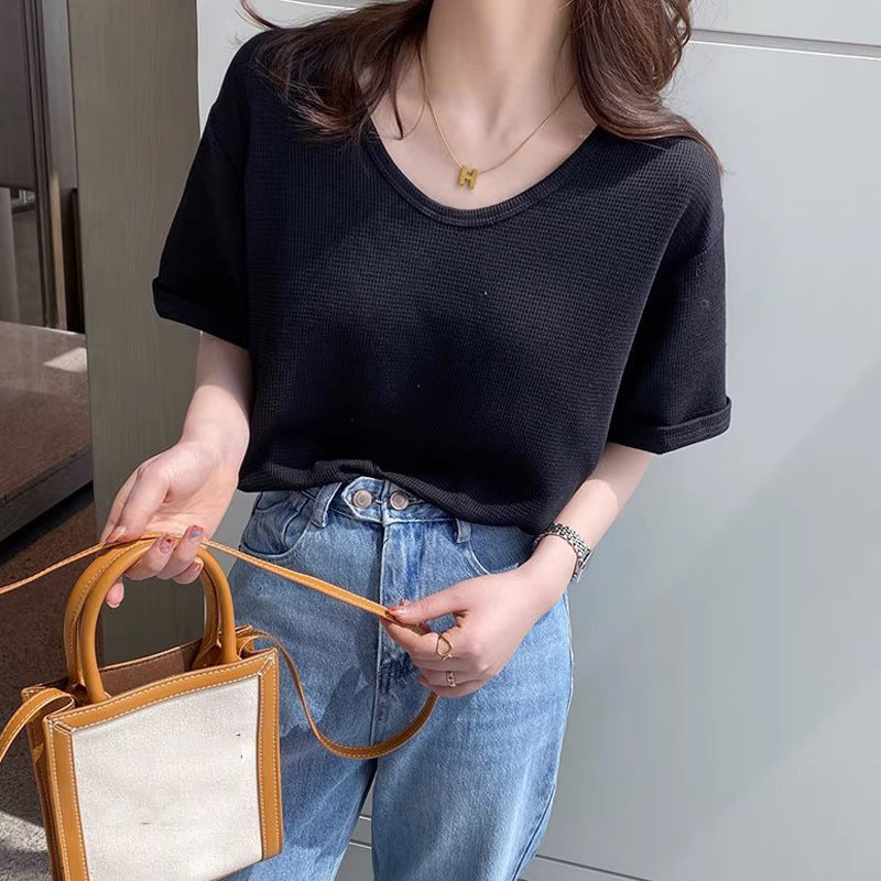 Femme Leichtgewicht Gestreiftes V-Ausschnitt T-Shirt Heidi-Mode