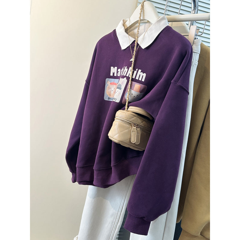 Femme Verspielt Grafisches Sweatshirt mit Kontrastkragen Heidi-Mode