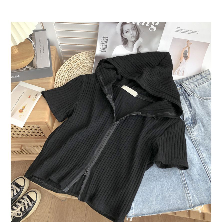 Damen Kurzarm Kapuzen Zip-Up Oberteil mit Ripptextur Heidi-Mode