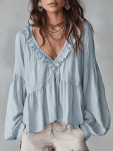 Damen Fließendes Oberteil Mit Raffungen Und V-Ausschnitt – Locker Elegante Bluse in Himmelblau
