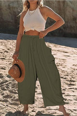 Damen nan weite Palazzohose aus leichtem Leinenmix mit Tunnelzug und seitlicher Tasche Drune in Militärgrün