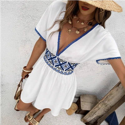 Rihayda - V-Hals Spitz Weiße Kleid