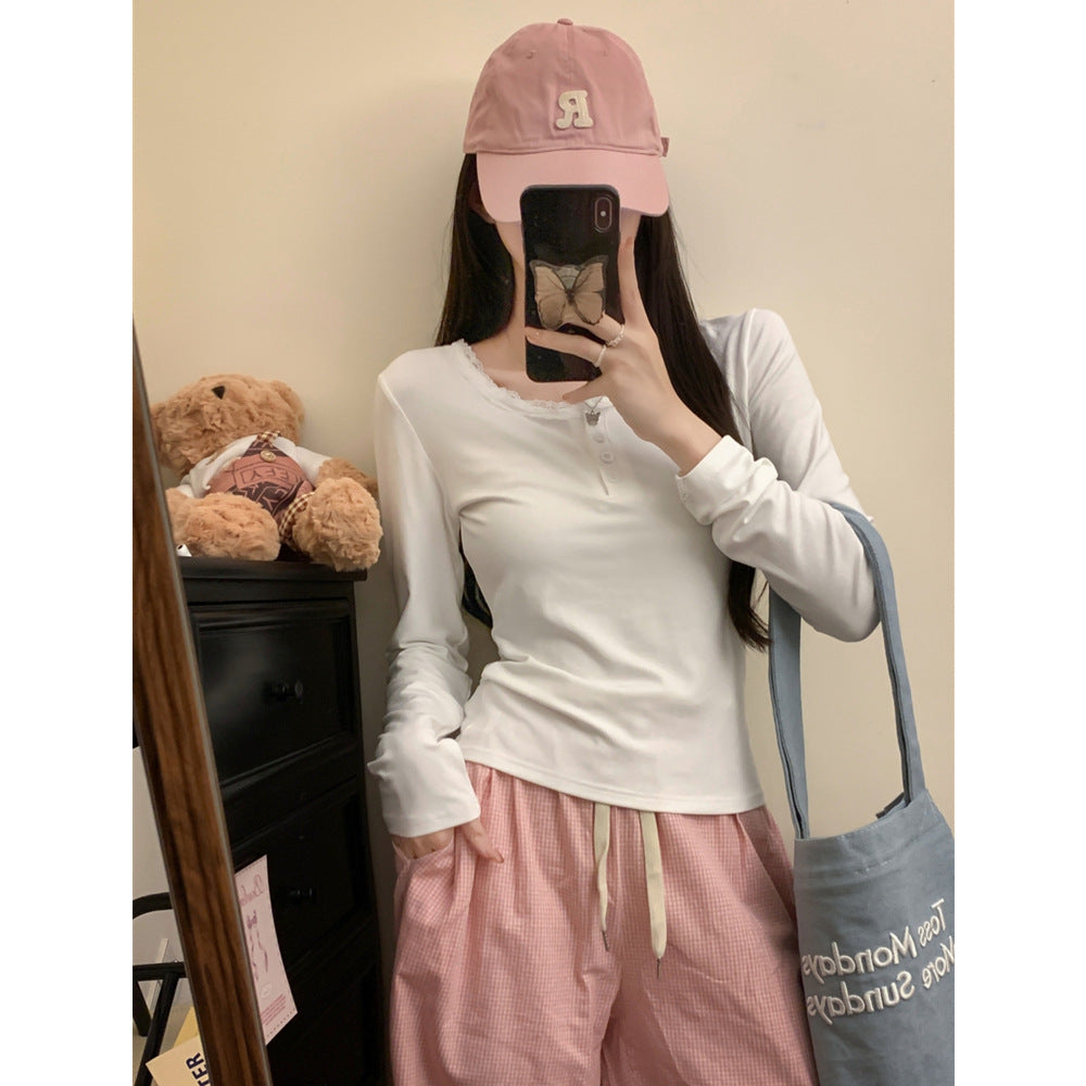 Femme Spitzenbesatz Knopf-Down Langarmoberteil Heidi-Mode