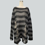 Damen nan Oversized Grobstrickpullover mit breiten Blockstreifen und aufgerissenem Design Drune in Langer Schnitt Schwarzgrau