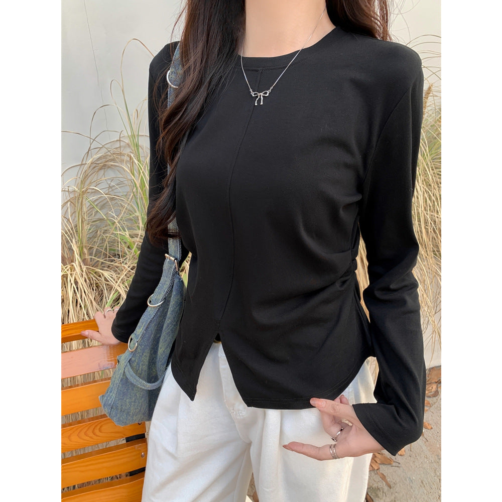 Damen Langarm Passender Oberteil mit subtilen seitlichen Falten Heidi-Mode