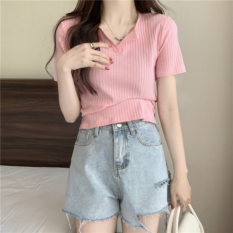 Femme Ripp Kurzarm Knopf-Oberteil Heidi-Mode