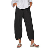 Damen nan lockere Leinenhose mit hohem Bund, Tulpen-Saum und seitlichen Eingrifftaschen Drune in Schwarz