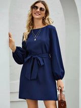Damen nan elegantes Etuikleid mit Ballonärmeln und Taillengürtel Drune in Dunkelblau