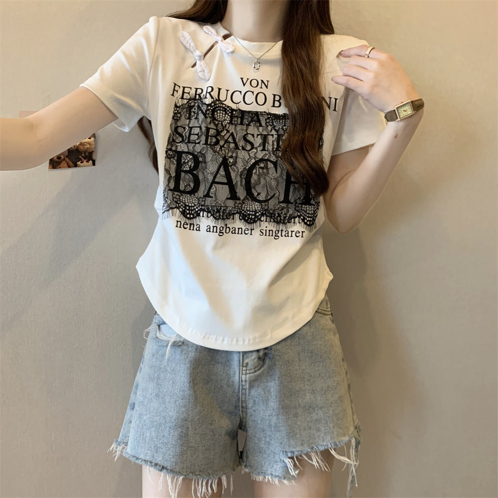 Femme Spitzen-Detail Grafik T-Shirt Heidi-Mode